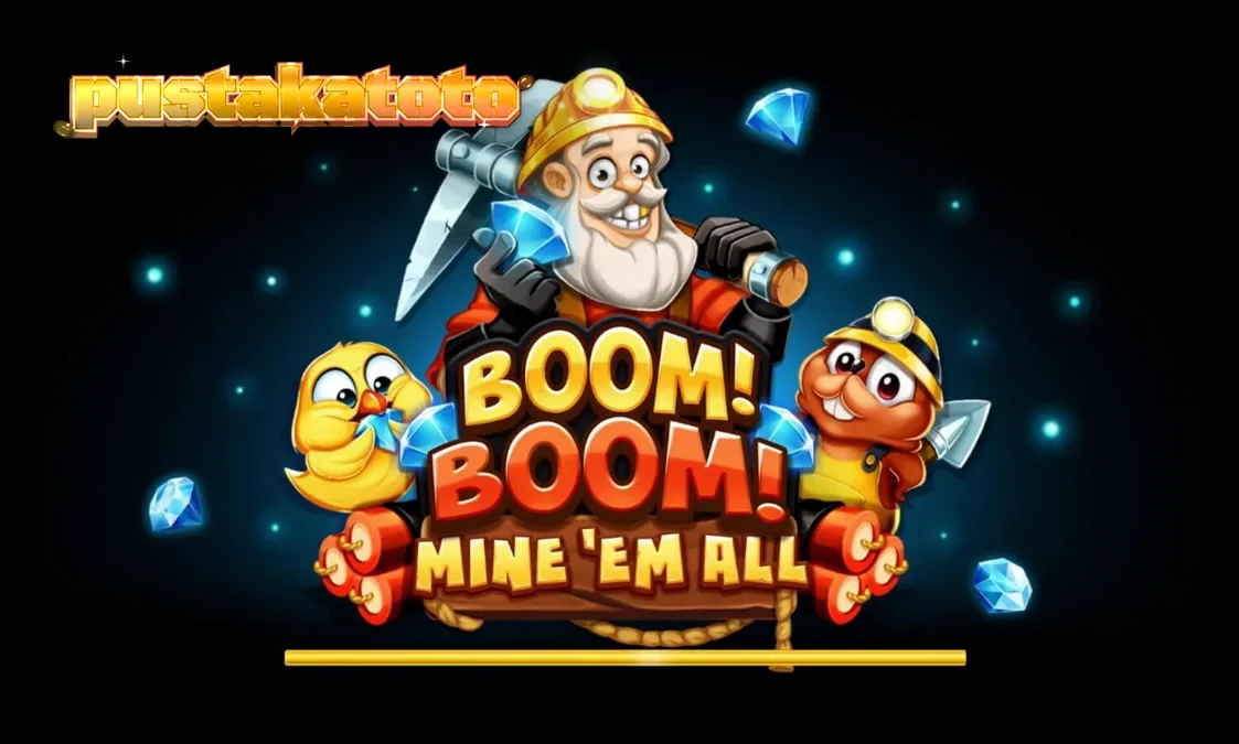 Tampilan visual slot Boom! Boom! Mine ‘Em All dengan tema tambang yang eksplosif